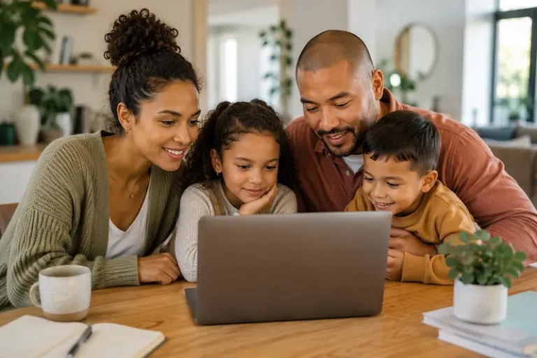 happy family watching on a laptop on top of a desk
