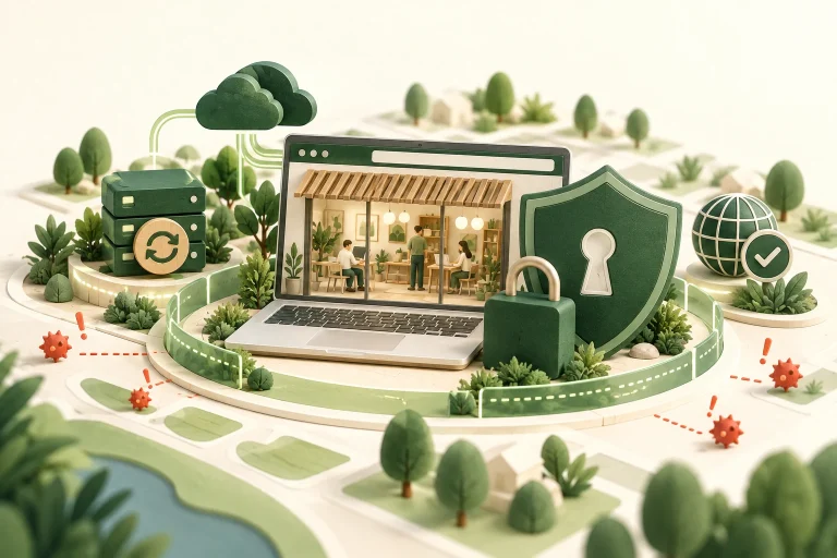 Miniature business website protected by a green shield, padlock, secure domain and backup system.