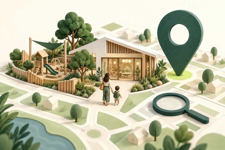 Illustration of a childcare centre on a neighbourhood map, with a parent and child, location pin and magnifying glass.