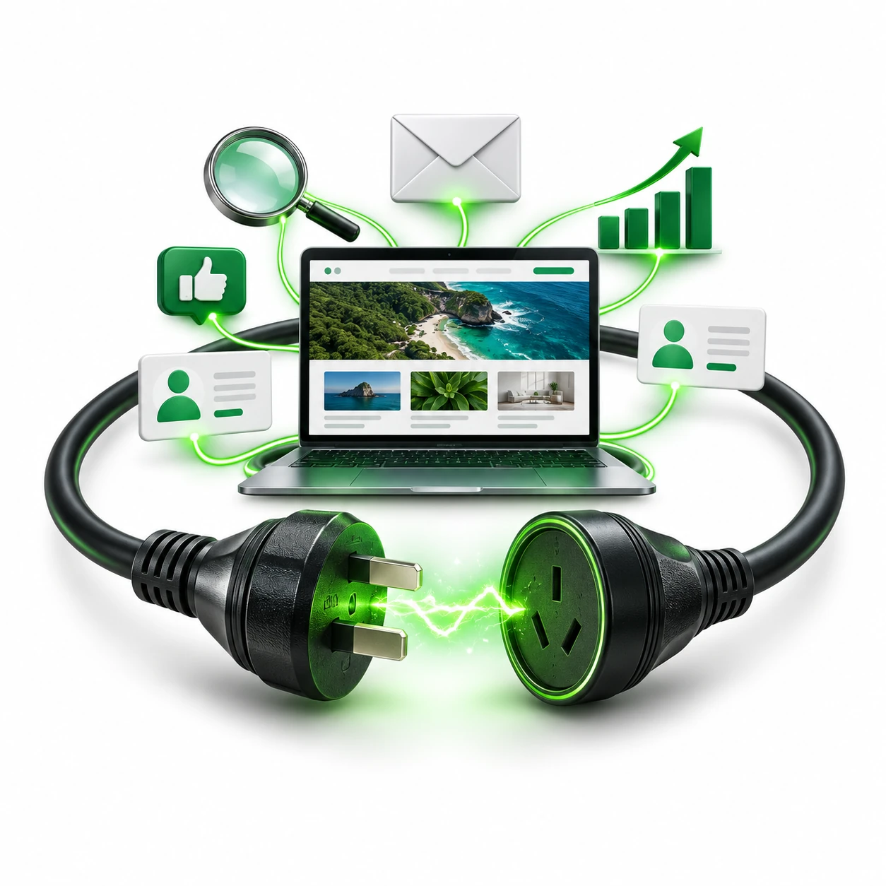 Marketing power plug connecting a website, search, email, social media, analytics and customer enquiries.