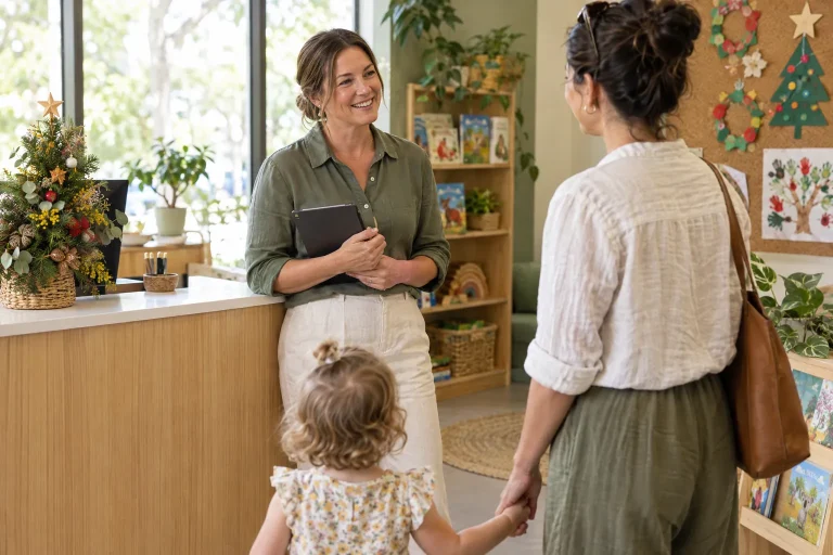 Childcare centre director greeting a parent and toddler at a reception desk decorated for Christmas